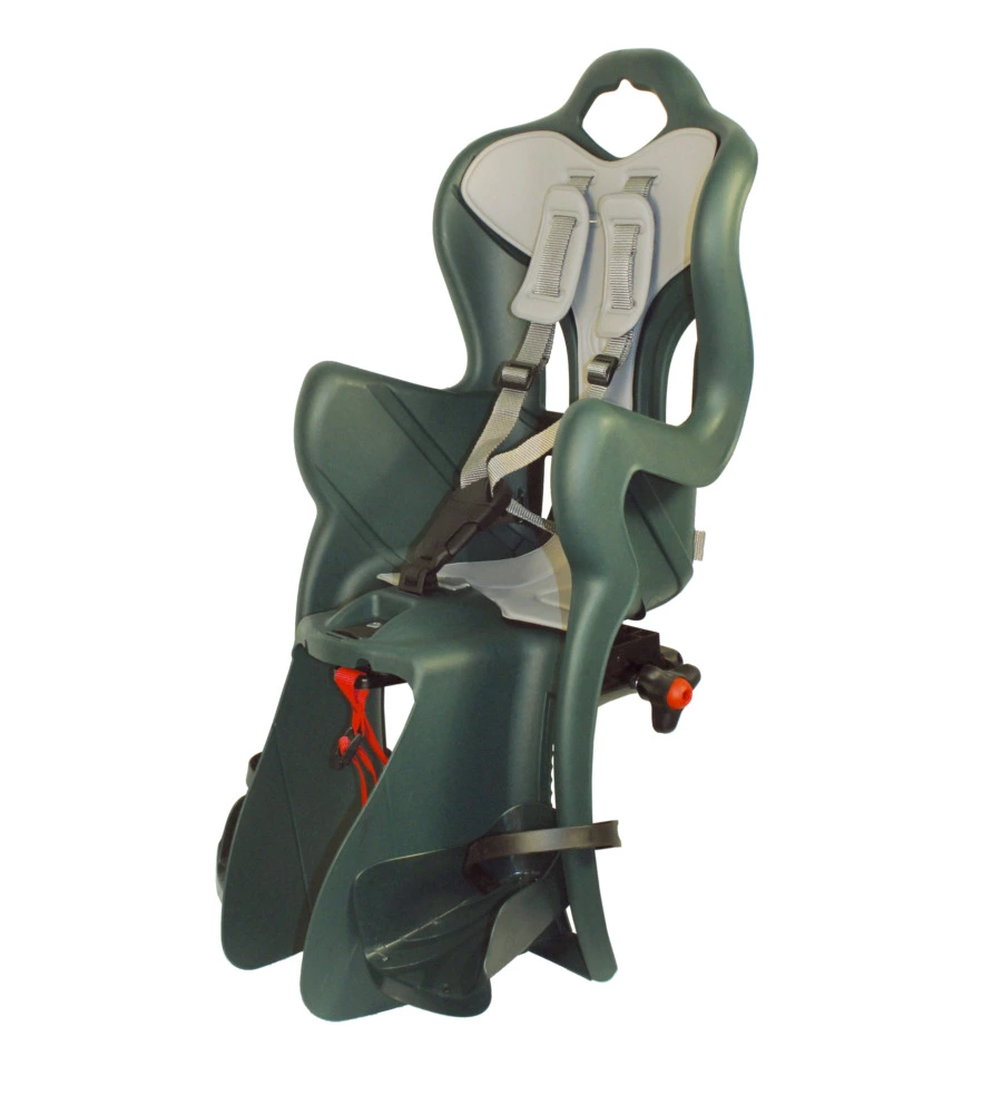 SEGGIOLINO PER BICI POSTERIORE BELLELLI "B-ONE LUXE" ATTACCO AL PORTAPACCHI CON CUSCINO VERDE, PORTATA MASSIMA 22 KG